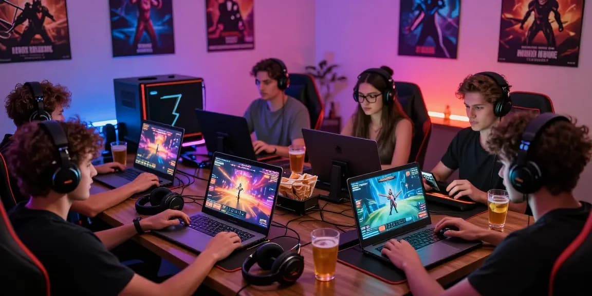 Players engaged in free sex games on various devices in a vibrant gaming setup.