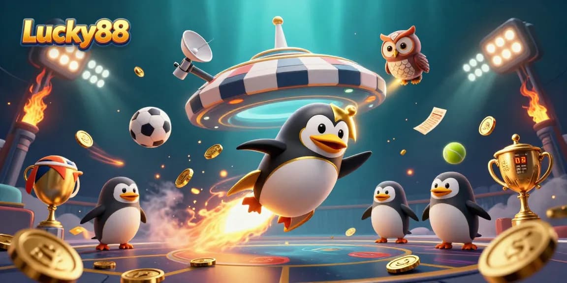 Lucky88 features a golden penguin in space, surrounded by sports balls and casino elements, showcasing thrilling gambling.