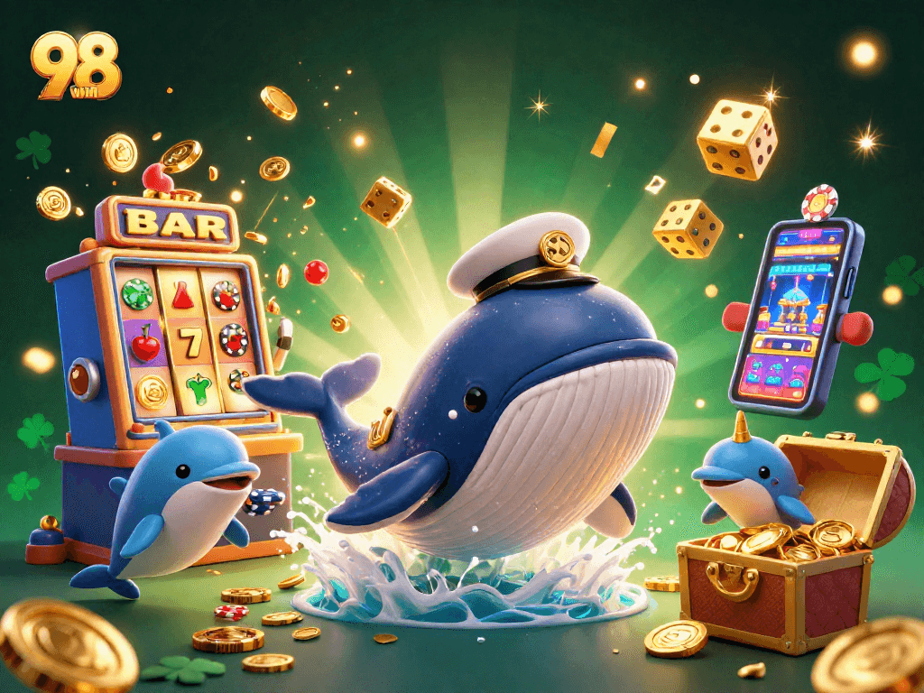 Engage with the 98 win online casino experience featuring playful dolphins and a majestic whale.