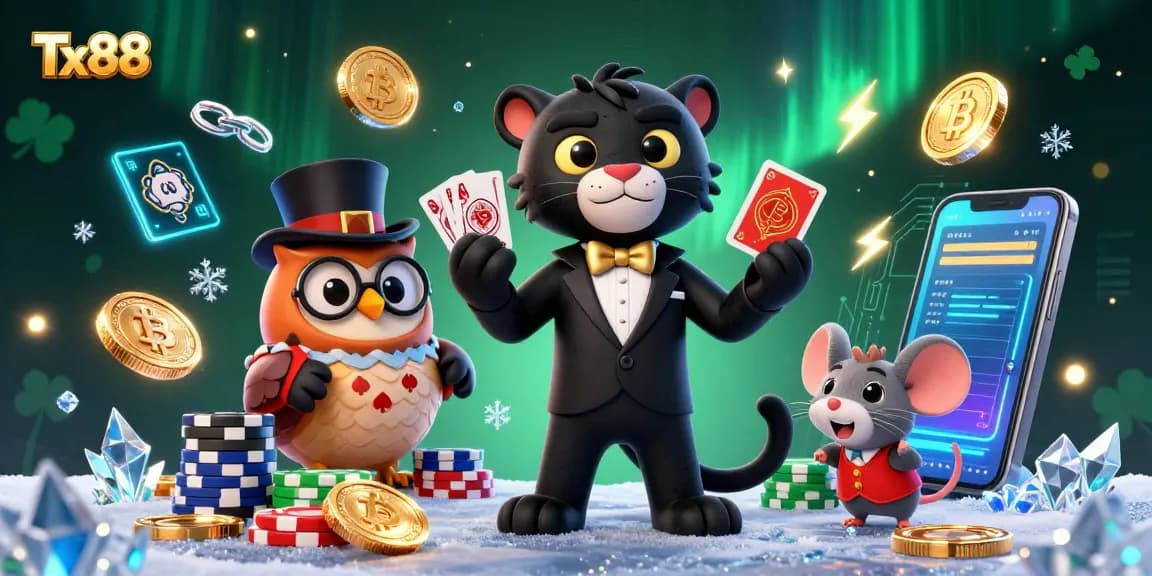 Engage in an exciting gaming scene with Tx88 featuring a tuxedo-clad panther dealing cards amid crypto coins and vibrant casino elements.