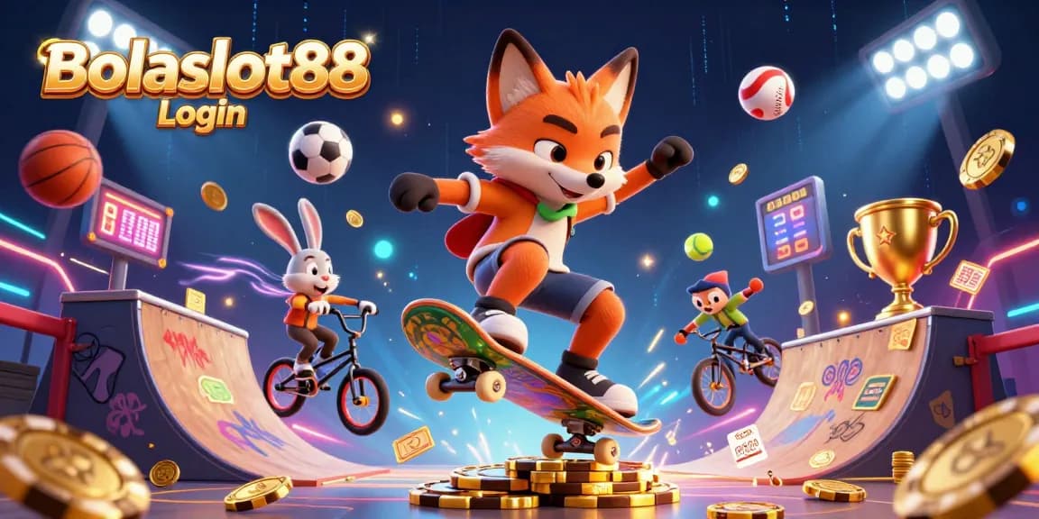 Experience excitement with Bolaslot88 Login as a cartoon fox performs a kickflip over poker chips.