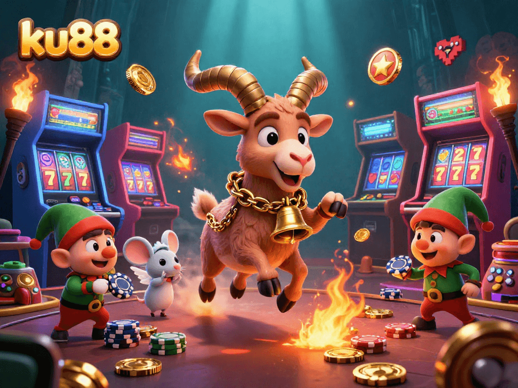 ku88 casino scene with Krampus, angel mouse, and elf gremlins in a festive gaming environment
