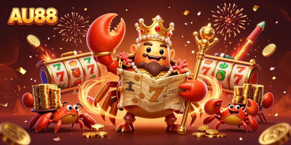 Experience thrilling games at AU88 with a golden crab emperor and vibrant casino elements in a festive scene.