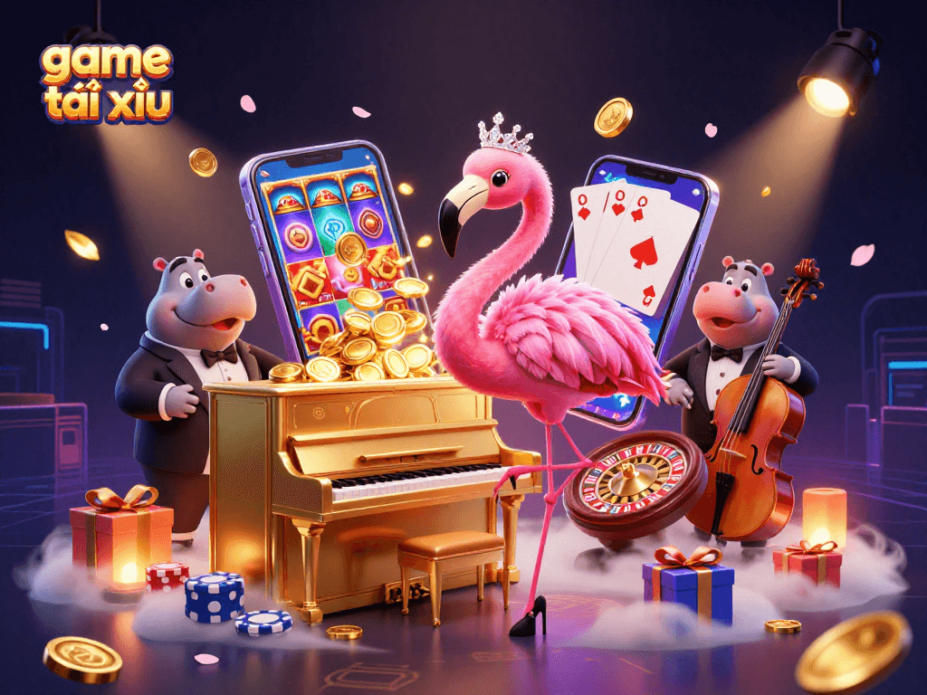 Experience game tài xỉu excitement with vibrant characters, golden coins, and animated slot game action.