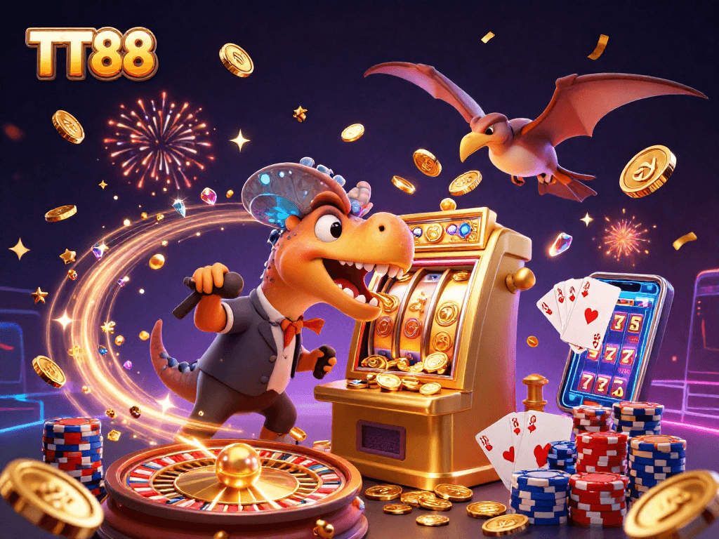 TT88 showcases a dynamic 3D scene of a pachycephalosaurus winning at a slot machine amidst flying coins, highlighting casino excitement.