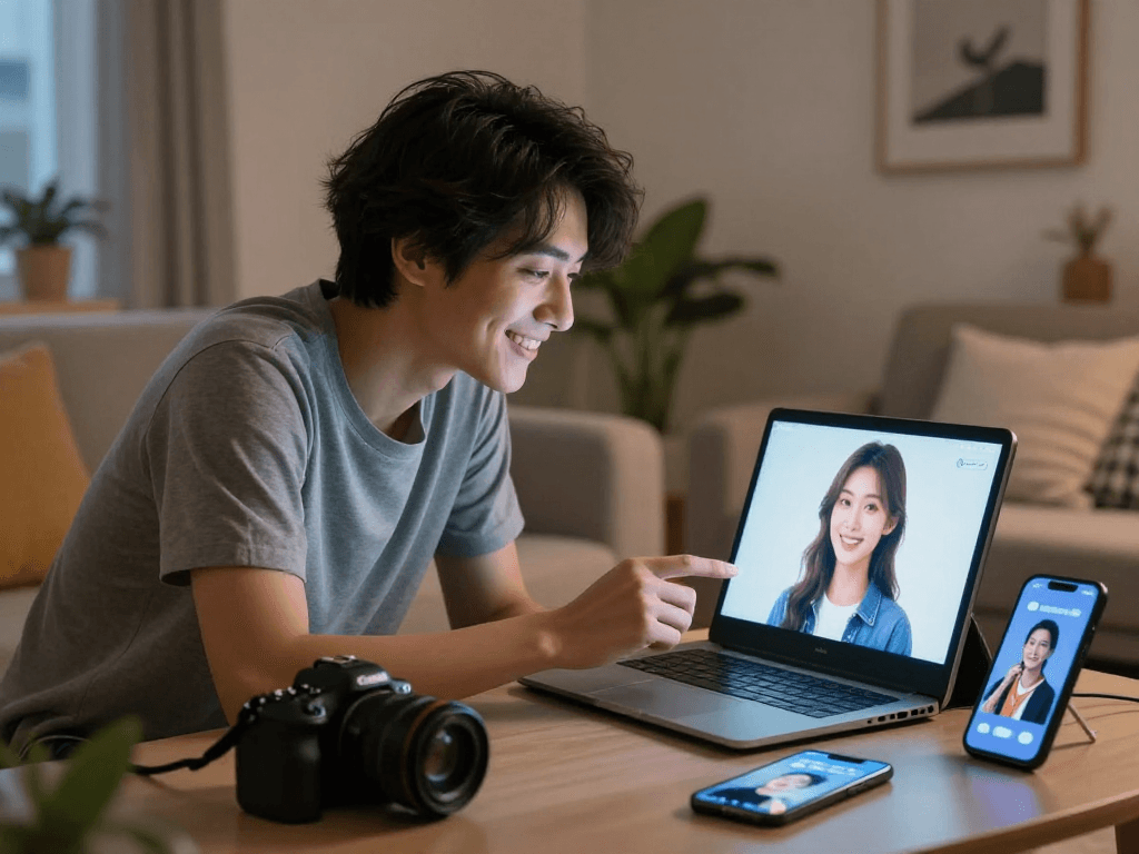 User interacting with an AI character on a sleek digital device, exploring ai chat porn in a cozy and modern environment.