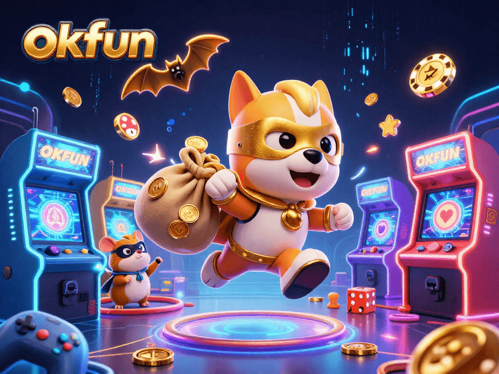Experience the thrill at okfun with a dynamic casino scene featuring a superhero dog and gaming elements.