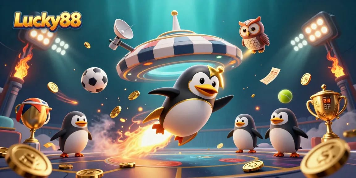 Lucky88 features a golden penguin in space, surrounded by sports balls and casino elements, showcasing thrilling gambling.