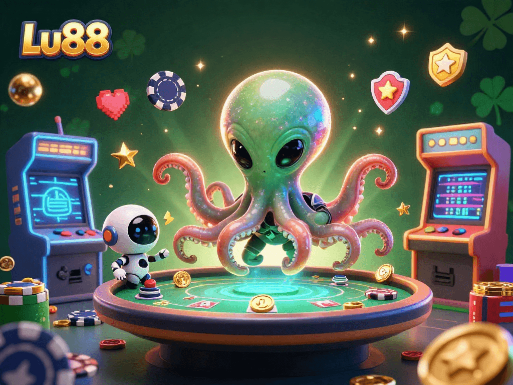 Experience Lu88's energetic gaming world with an alien octopus and robot at a holographic poker table.