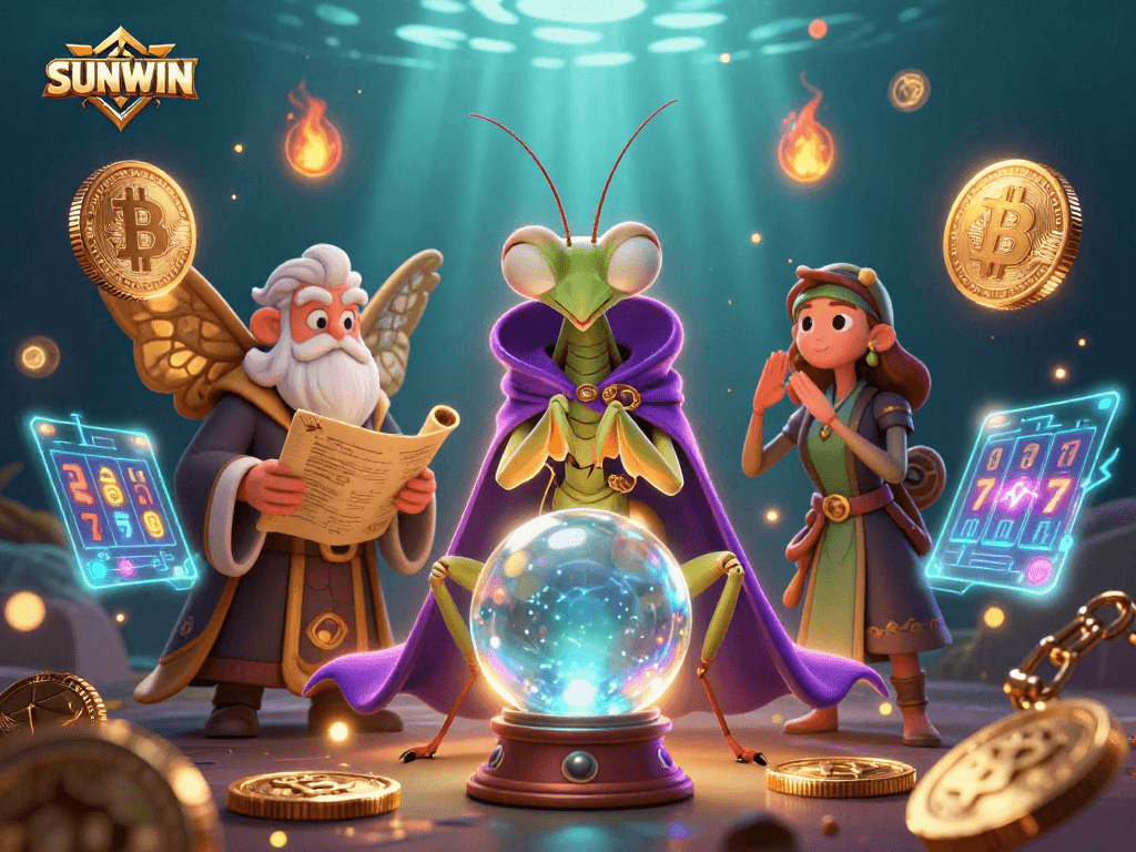 SUNWIN showcases a whimsical casino world with a fortune teller and moth librarian amidst vibrant slot elements.