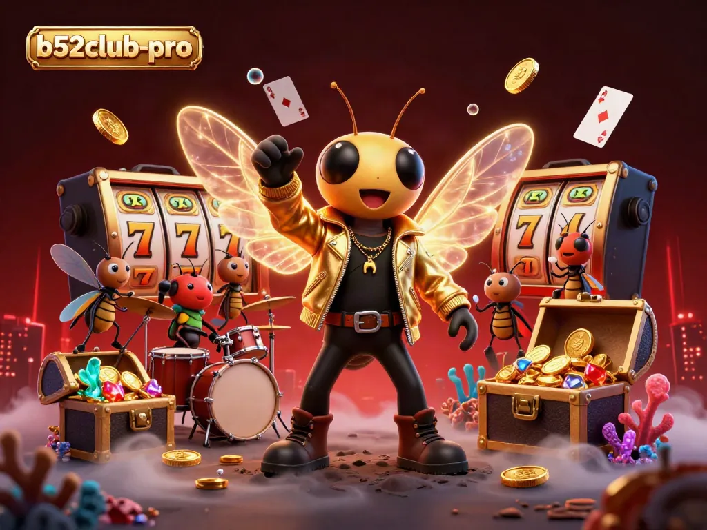 Experience the excitement of b52club-pro with a dazzling 3D scene of a cicada rock star and vibrant casino elements.