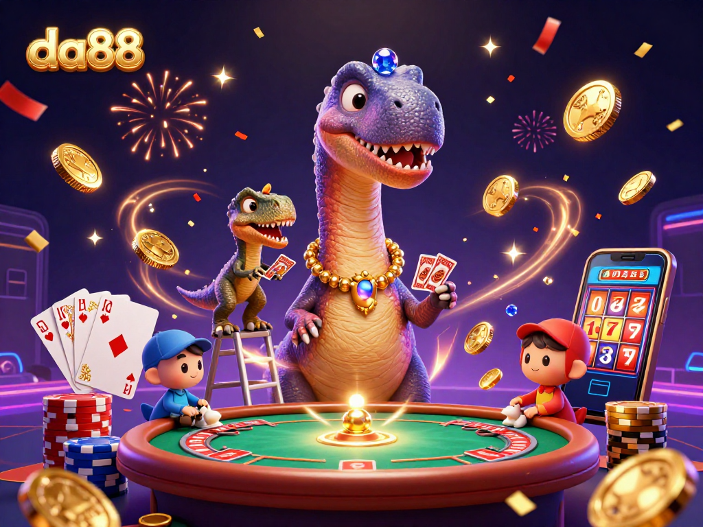 Engage in thrilling gameplay at da88 with vibrant casino characters amidst a dynamic gaming scene.