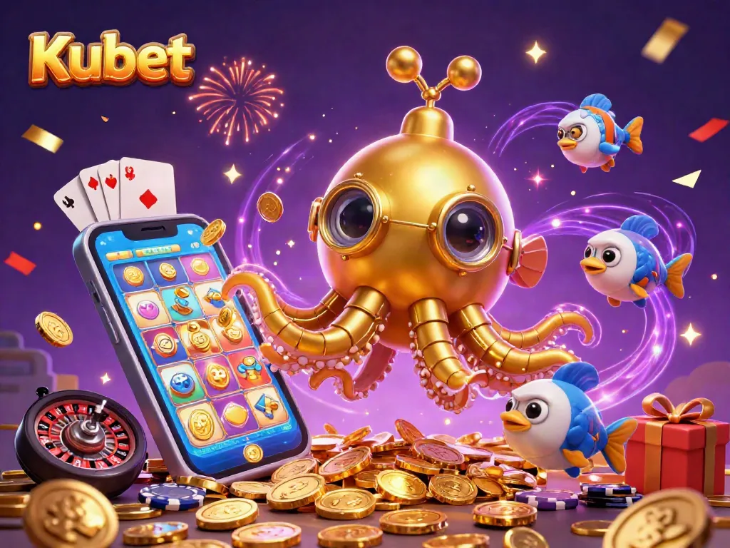 Kubet offers dynamic gameplay with a golden kraken submarine and coins in a vibrant casino scene.