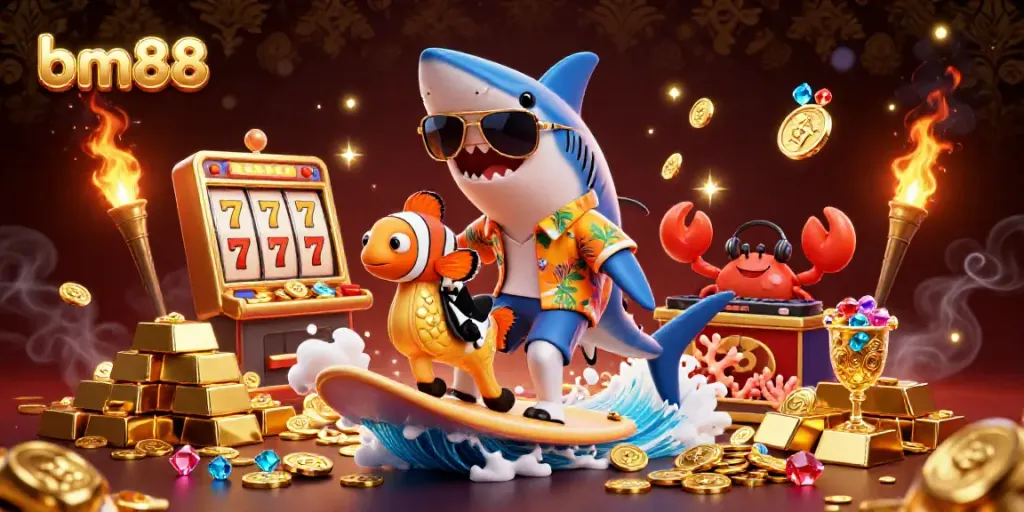 Engage in exciting casino adventures with bm88, featuring vibrant characters celebrating wins with slot reels and treasure.