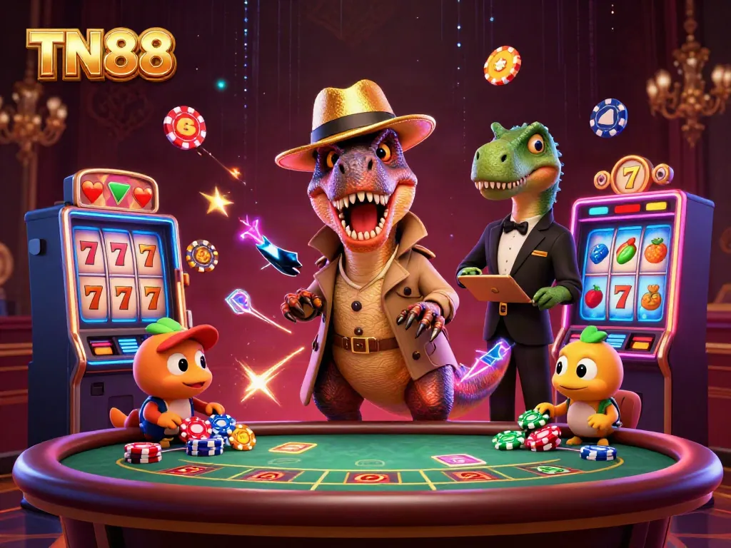 Enjoy thrilling TN88 gaming action with cartoon dinosaurs at a vibrant blackjack table.