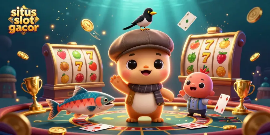 Engage with situs slot gacor's vibrant slot games featuring baby Nessie and friends amid dynamic casino elements.