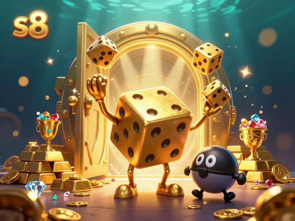 Experience exhilarating moments with s8's golden dice golem and roulette companion in a vibrant casino illustration.