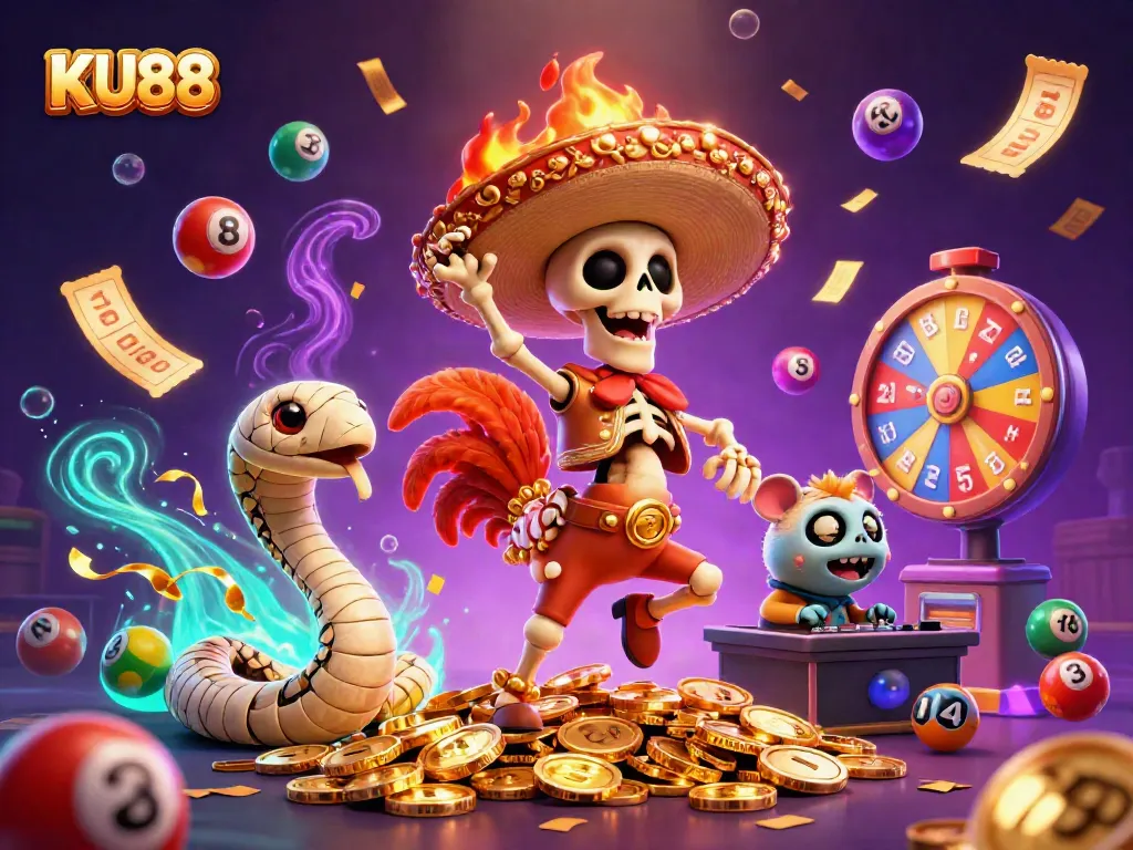 KU88 offers thrilling gaming experiences with lottery elements and festive characters.