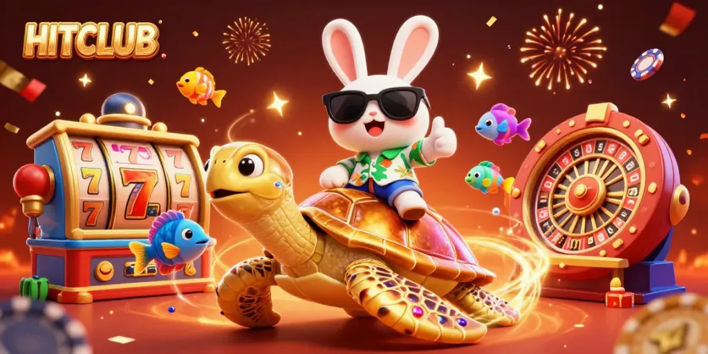 Experience big wins at HITCLUB with a lively scene featuring a lucky rabbit and gold turtle among colorful gambling elements.