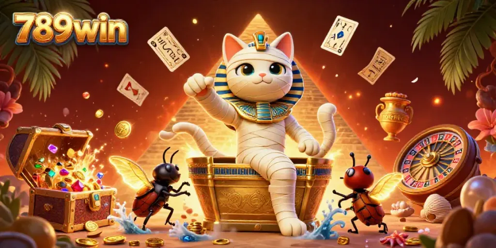 Engage with the vibrant 789win casino scene featuring an Egyptian mummy cat and treasure in stunning 3D.