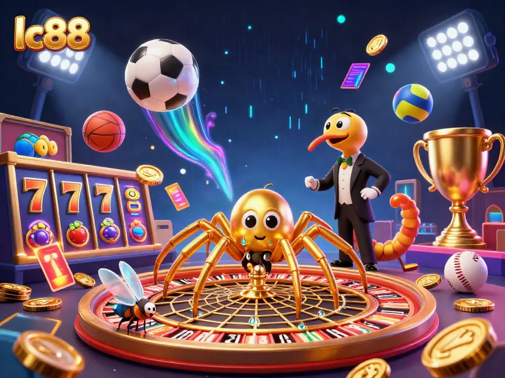 Engage with lc88's thrilling 3D casino scene featuring a golden spider and vibrant slot elements.