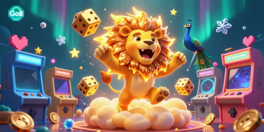 Experience thrilling gameplay with Go8's vibrant 3D cartoon illustration showcasing a roaring sun lion amidst dynamic casino elements.