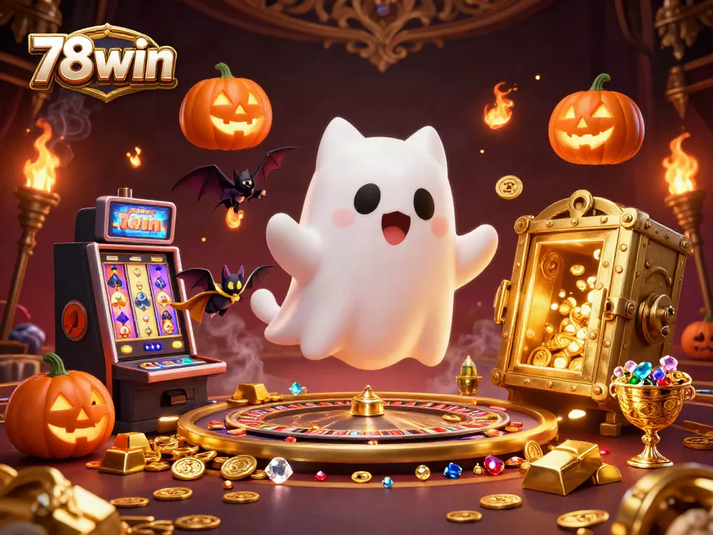 Experience thrilling wins at 78win casino with a vibrant ghost cat and treasure-filled atmosphere.