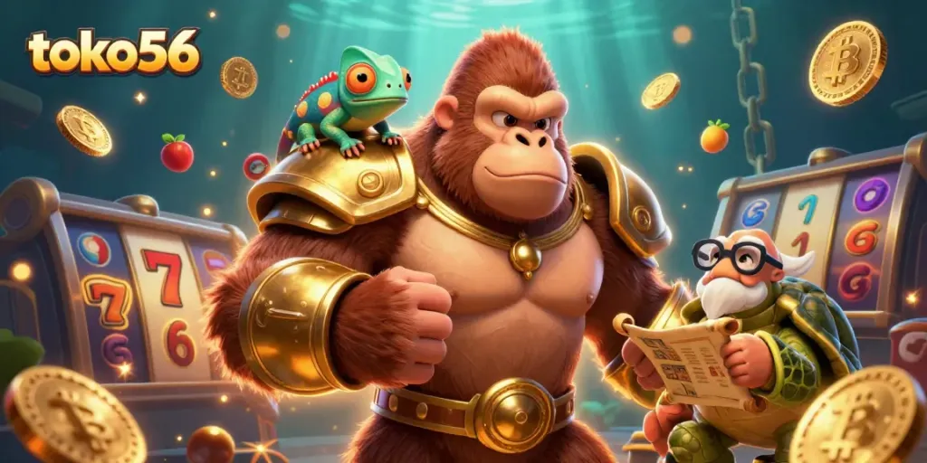 Experience exciting gameplay with toko56 featuring a golden gorilla, colorful chameleon, and ancient scroll.
