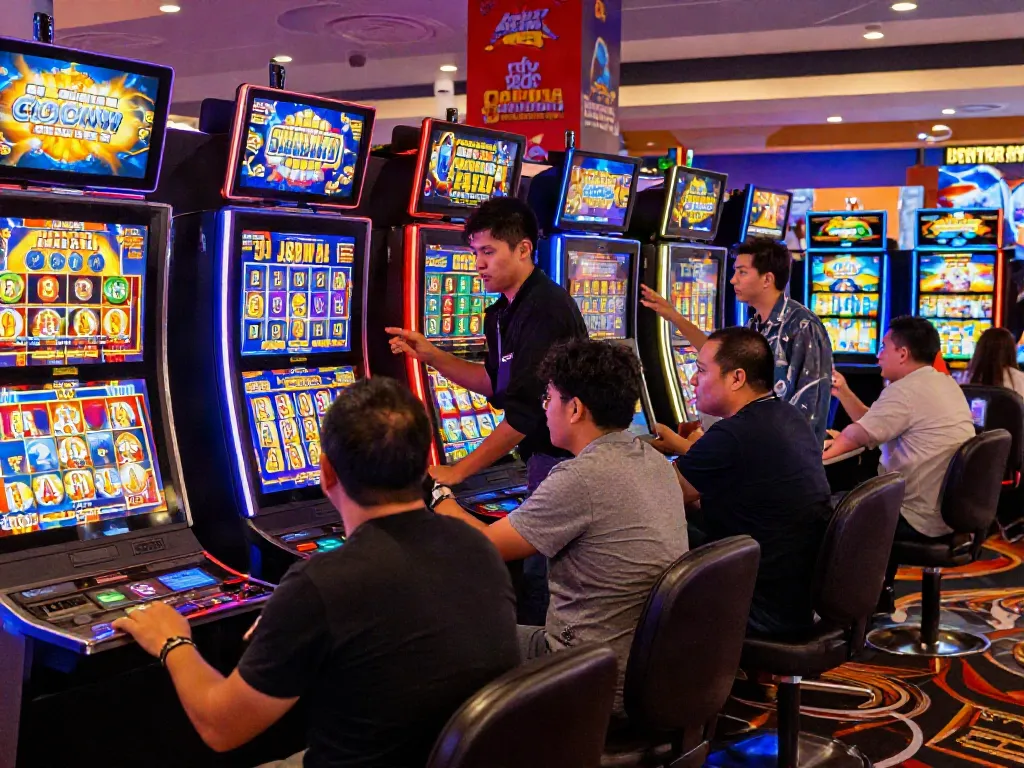 Players enjoying the thrilling experience of situs slot gacor in a vibrant casino atmosphere, surrounded by colorful slot machines.