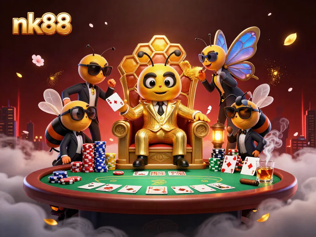 nk88 mob boss oversees high-stakes poker game with vibrant casino elements and characters