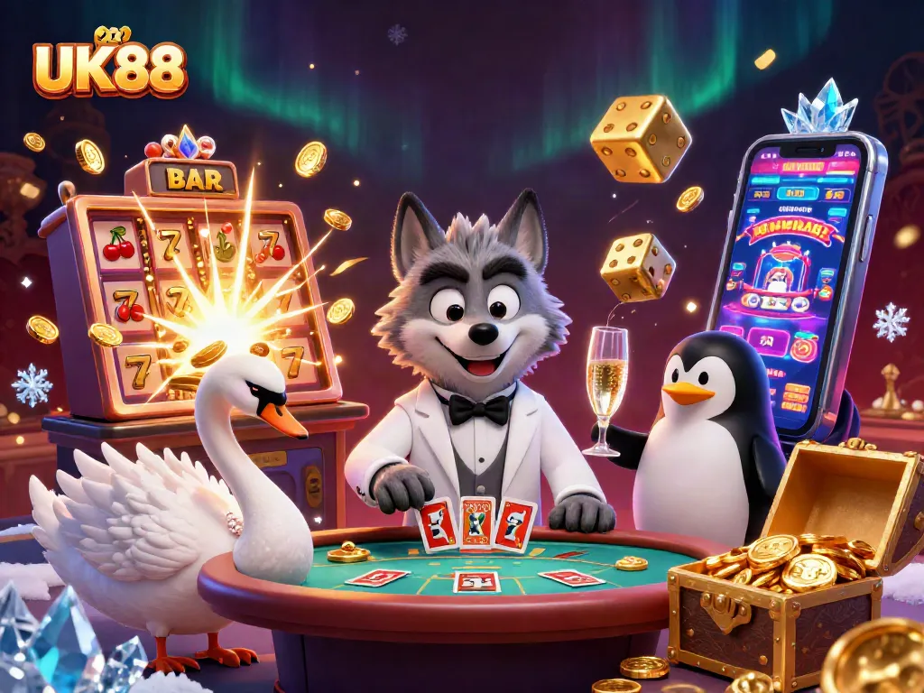 Experience thrilling gameplay at UK88 with a dynamic scene showcasing casino characters and exciting elements.