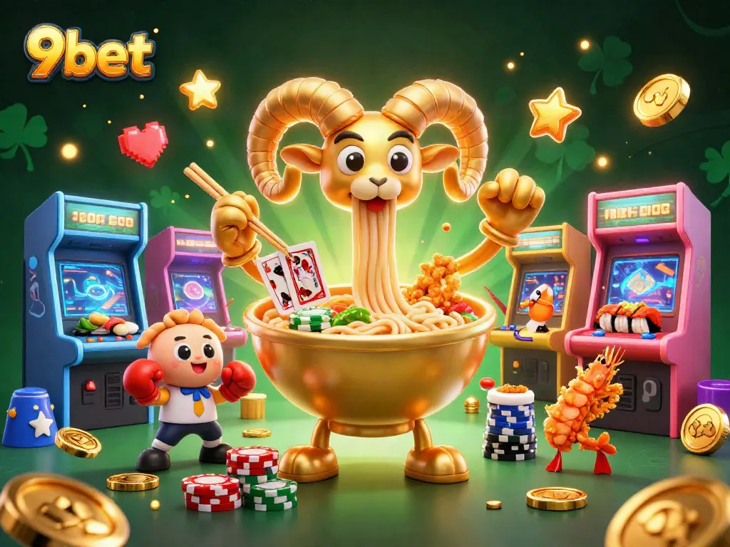 Join the action with 9bet as a golden ramen bowl dealer stacks chips and deals in a vibrant casino scene.