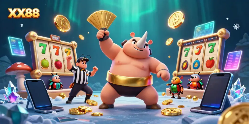 Experience thrilling gameplay at XX88 with a vibrant scene of unique characters and immersive casino elements.