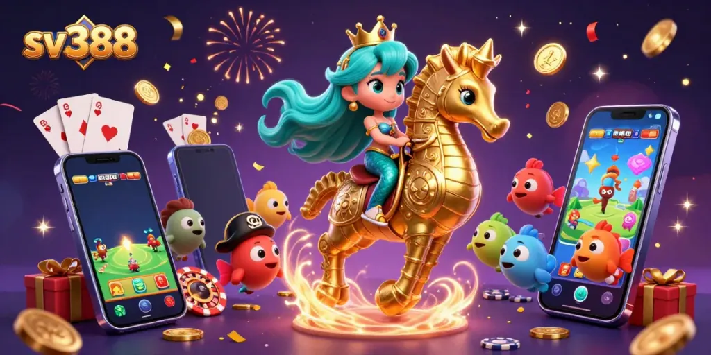 Experience the vibrant fun at sv388 with a mermaid princess and a seahorse amidst dynamic gambling symbols.