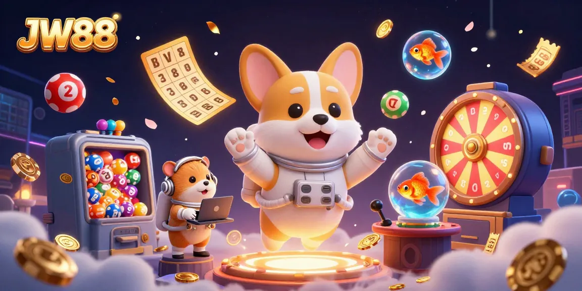 Experience exciting games at JW88 with a vibrant 3D casino scene, featuring floating characters and rich game elements.