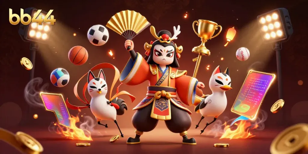 Engage with bb44's thrilling gaming experience through vibrant visuals of casino elements and dynamic sports.