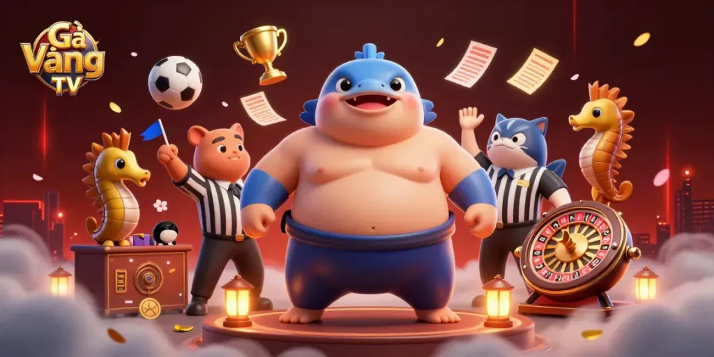 Engage with Gà Vàng TV as you dive into sports betting excitement featuring dynamic characters and vibrant elements.