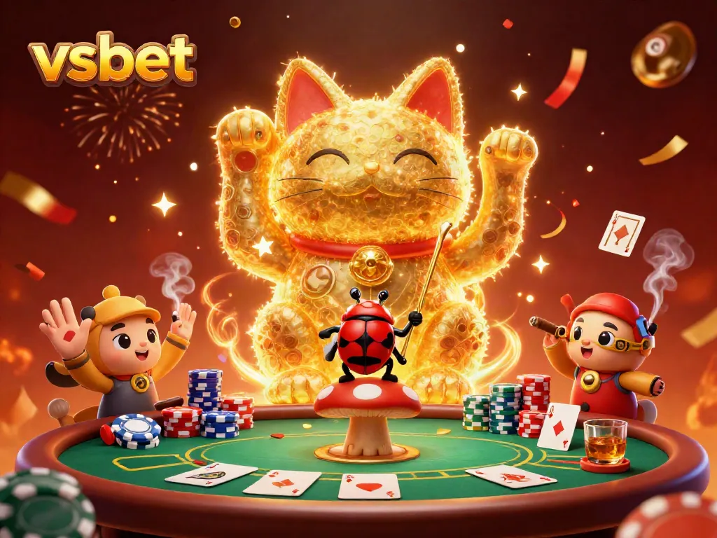 Experience the excitement of vsbet with a vibrant 3D illustration of a lucky cat and casino elements.
