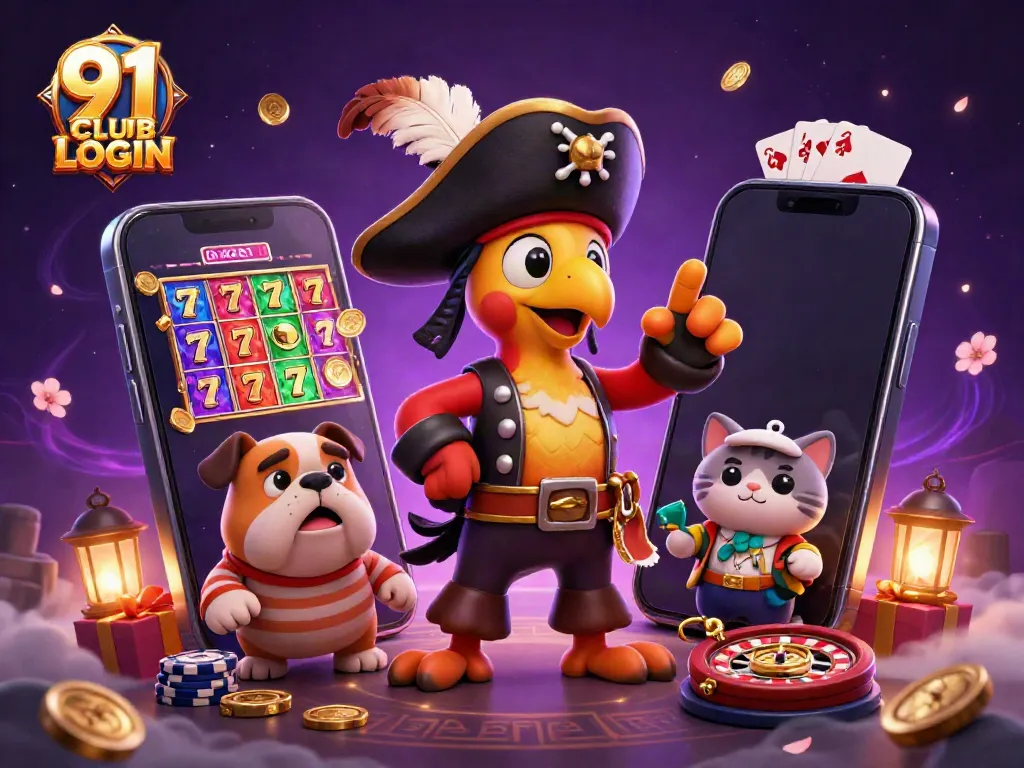 Engage in thrilling gameplay with 91 CLUB LOGIN featuring vibrant slot games, pirate characters, and spin excitement.