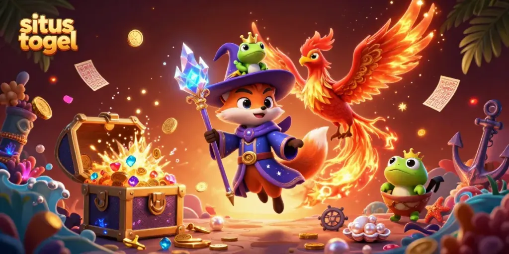 Experience excitement with the magical "situs togel" illustration, showcasing mystical characters and dynamic game elements.