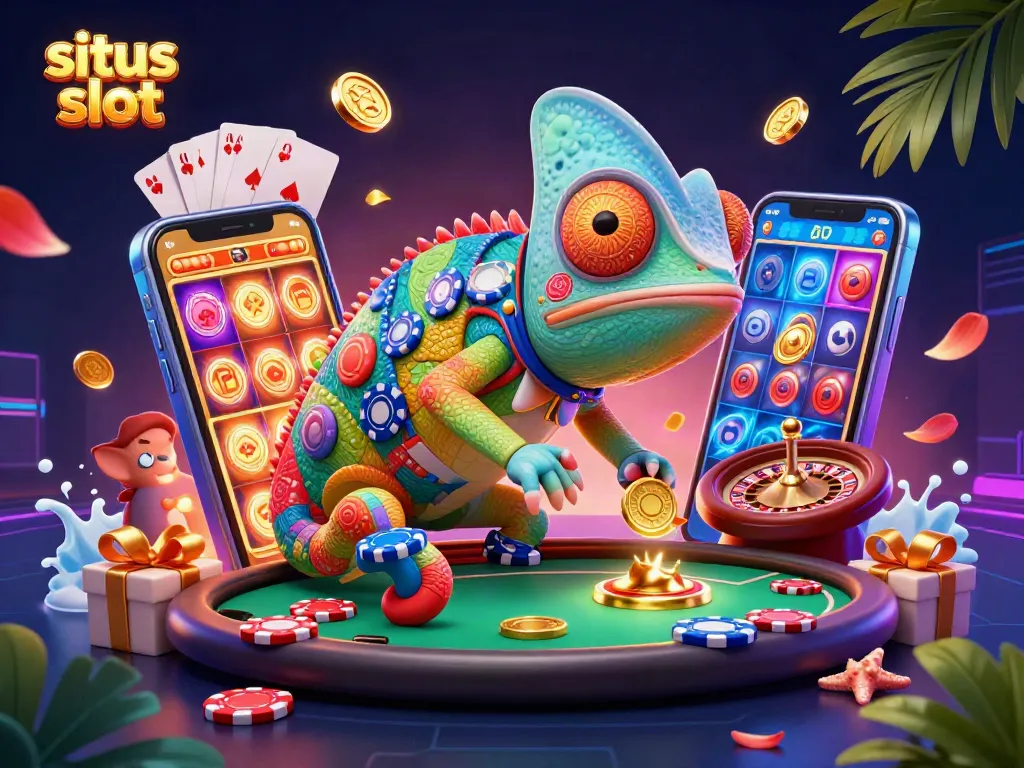 Situs slot highlights a colorful casino scene with a whimsical chameleon owner, dynamic gaming elements, and engaging visuals.