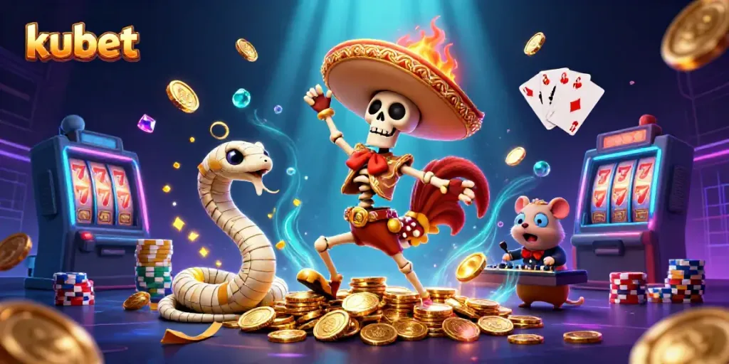 Experience vibrant gaming at kubet with a lively victory dance, surrounded by casino treasures.
