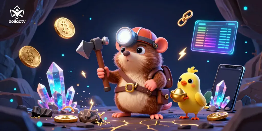 Engage in thrilling crypto mining with the vibrant xoilactv treasure hunter scene filled with glowing elements.