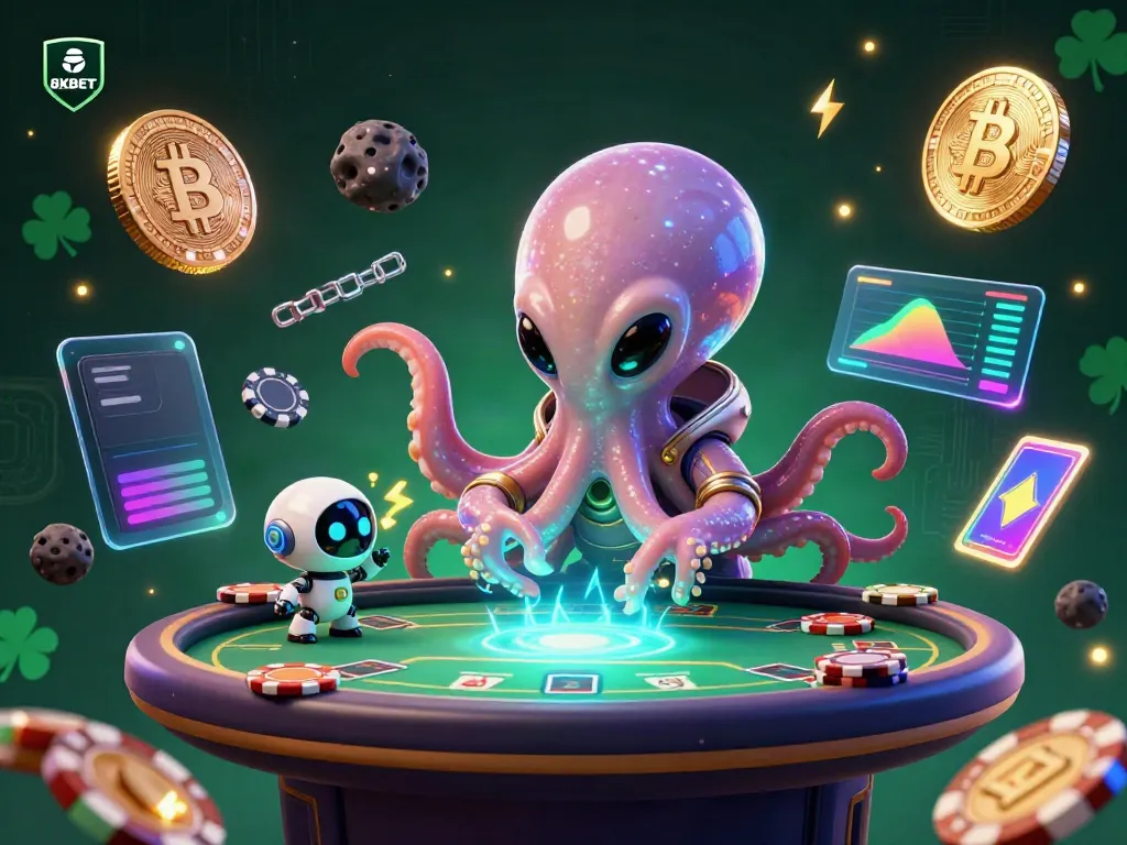 Engage with 8XBET's vibrant alien-themed casino experience with glowing coins and holographic tables.