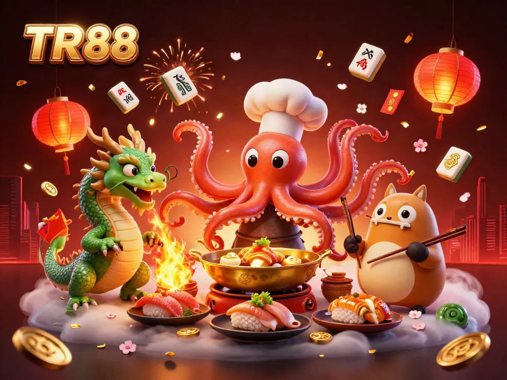 Experience the excitement of gambling at TR 88 with an octopus chef preparing gourmet dishes in a vibrant casino.