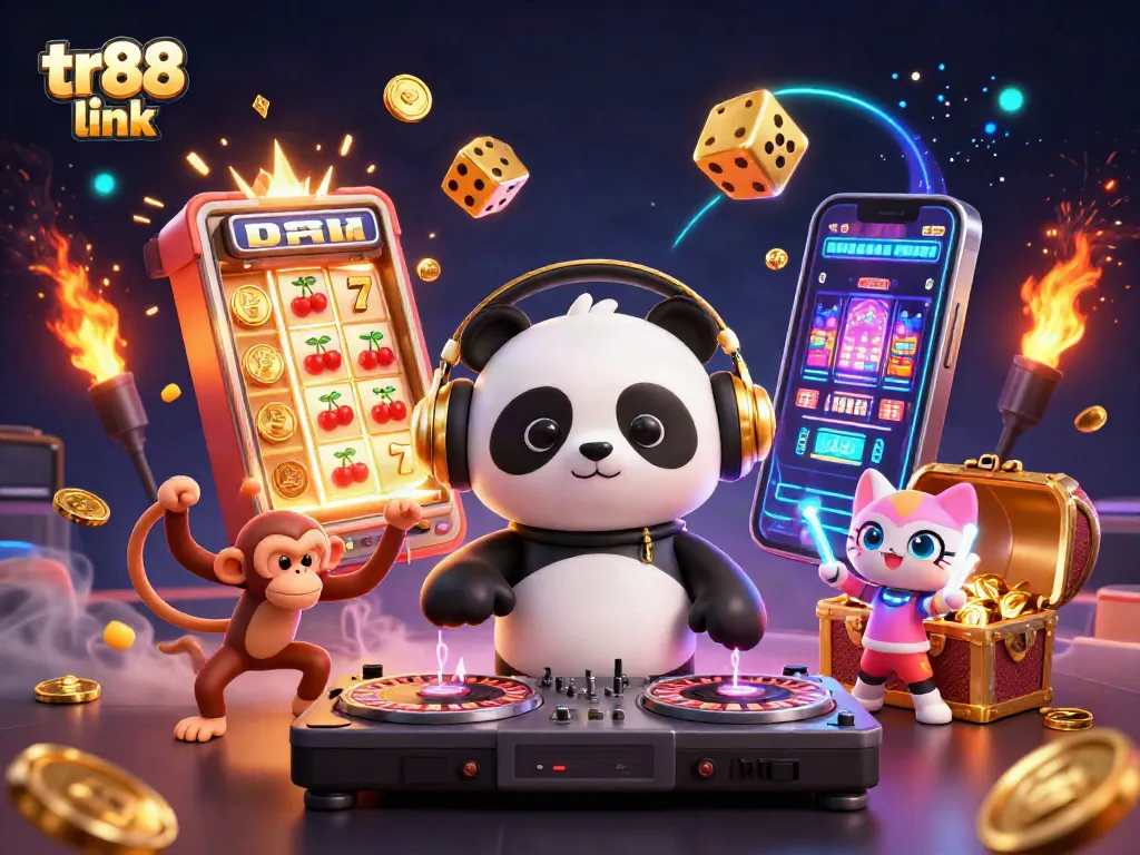 Engage with the excitement of tr88 link as a DJ panda spins reels and jackpots burst in vibrant casino celebration.