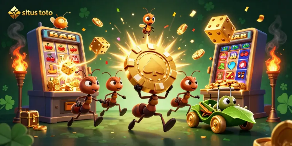 Raise your stakes on situs toto with lively 3D cartoon ants heisting gold poker chips in a vibrant casino scene.