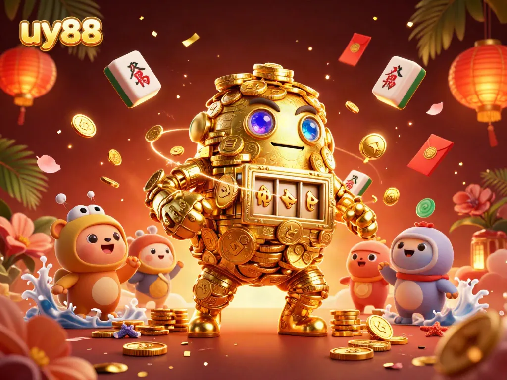 Experience the thrill of uy88 with a 3D golden golem amid vibrant casino elements.