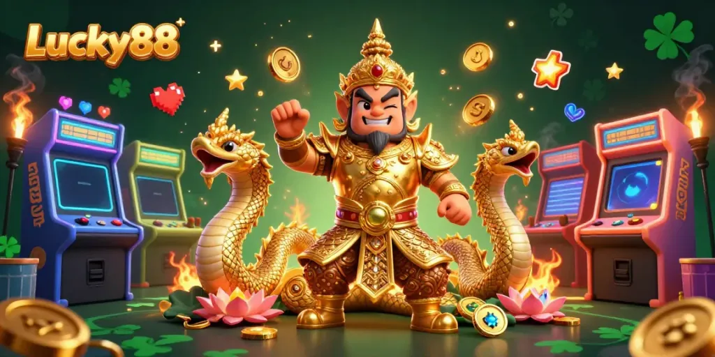 Engage in the Lucky88 casino experience with vibrant characters, arcade games, and dynamic energy.