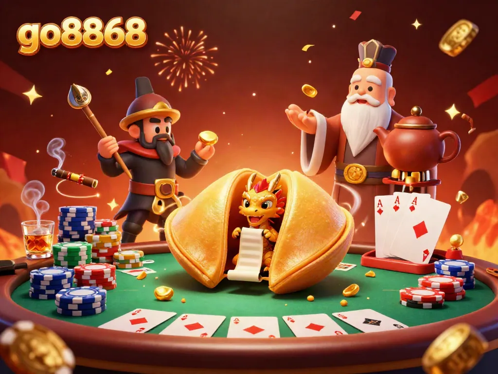 Experience the thrilling world of go8868 with a magical casino scene featuring a fortune cookie and poker elements.